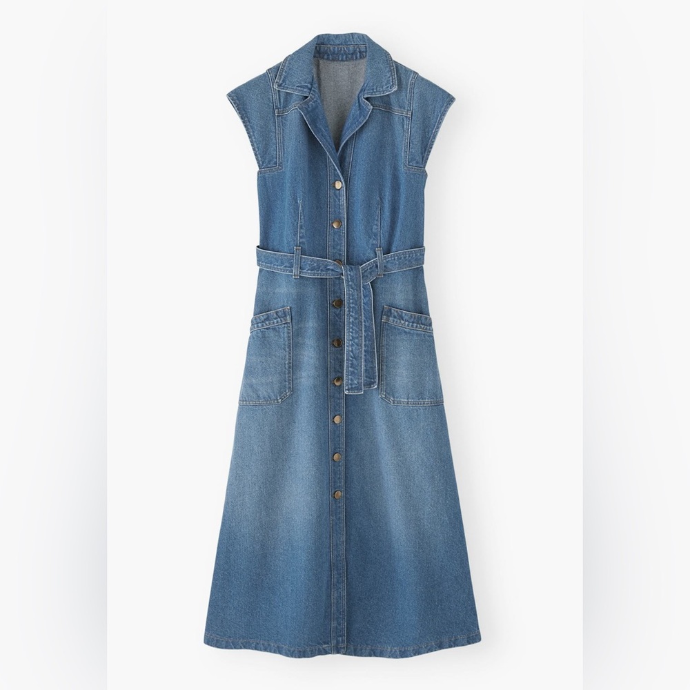 Wrap London Blue Denim Dress Snap Button Midi Collared Cotton Wrap Tie Belt 6